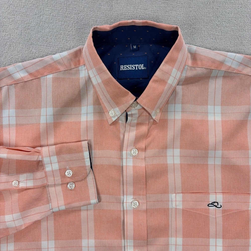 Resistol Button Down Shirt Men Medium Peach White Plaid Western Long Sleeve Logo